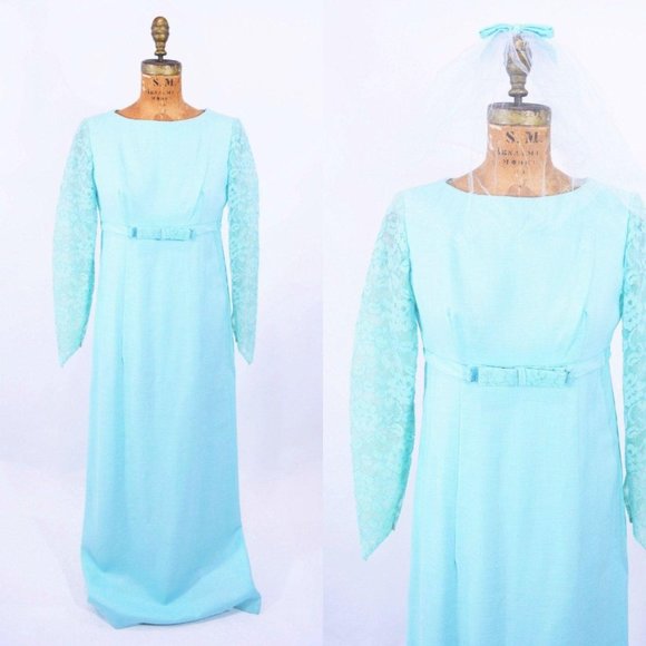 Vintage 1960s Formal Gown Baby Blue Lace Sleeves Formal Maxi | W 31" - Picture 2 of 5